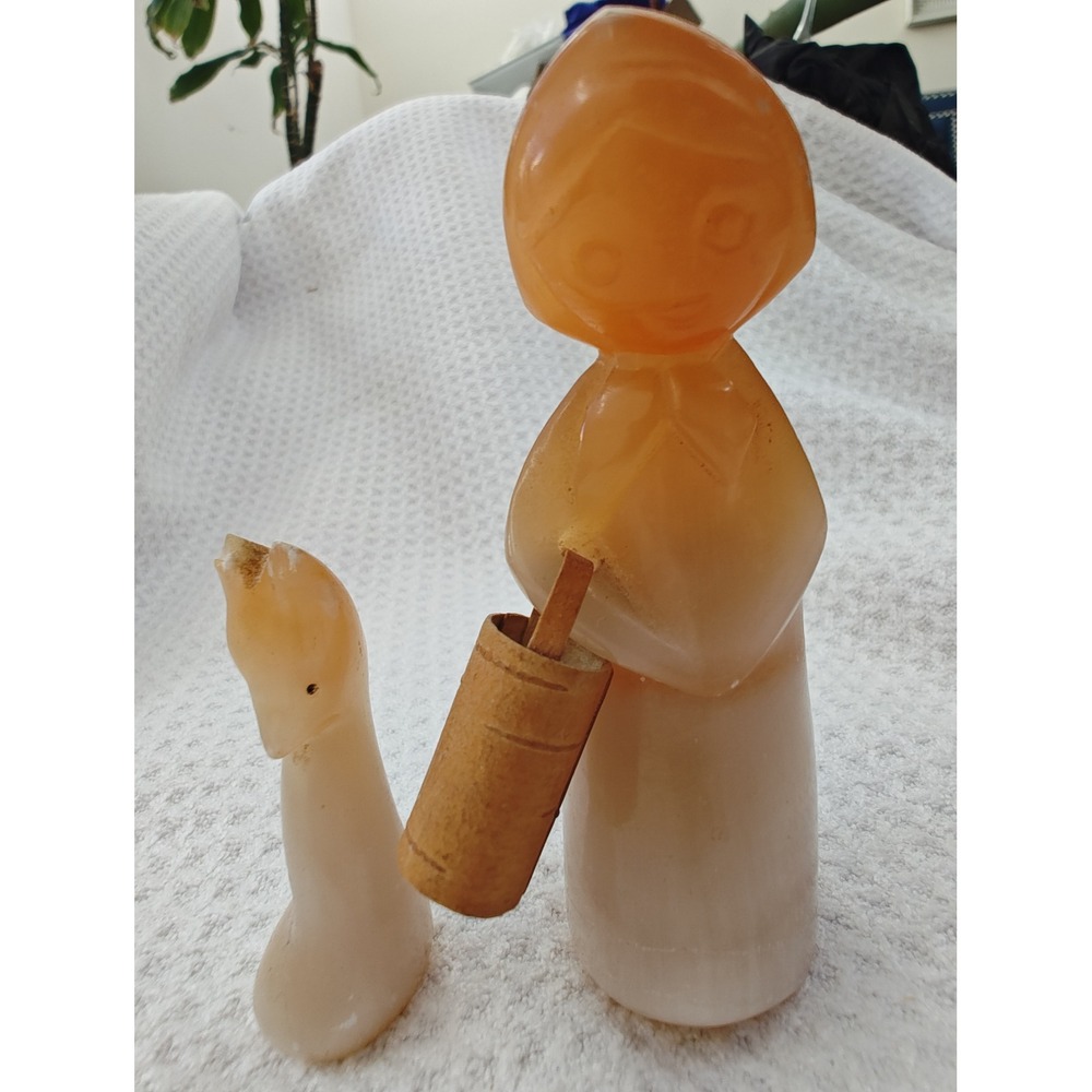 Russian Soviet Era Russian Selenite Figurine Woman with Bucket and Fox